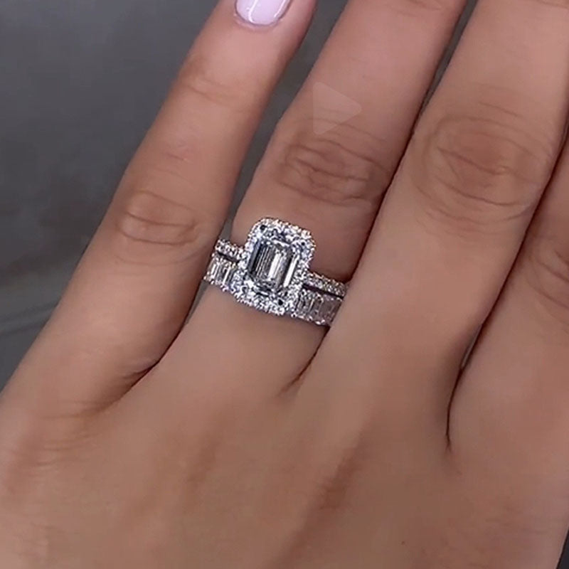 Stunning Halo Emerald Cut Wedding Ring Set-Sterling Silver-lornajewelry