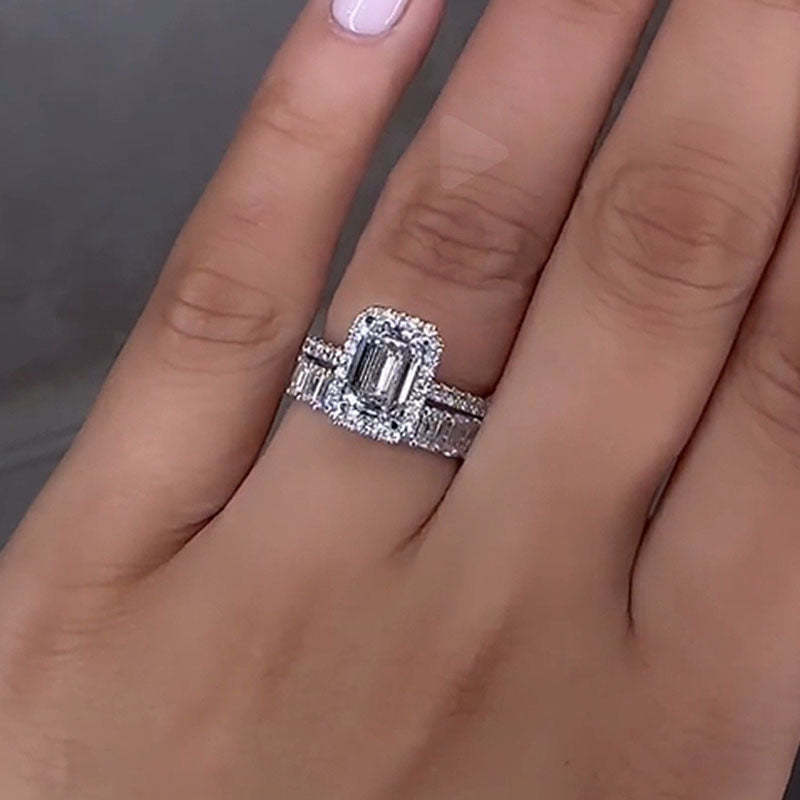 Stunning Halo Emerald Cut Wedding Ring Set-Sterling Silver-lornajewelry