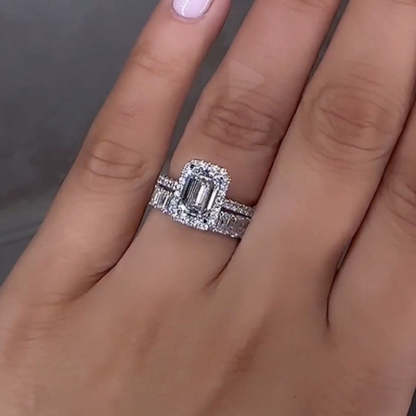 Stunning Halo Emerald Cut Wedding Ring Set-Sterling Silver-lornajewelry