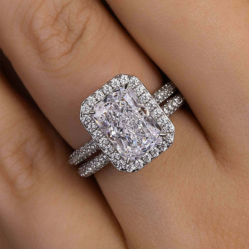 Noble Halo Radiant Cut Ring Set-Sterling Silver-lornajewelry