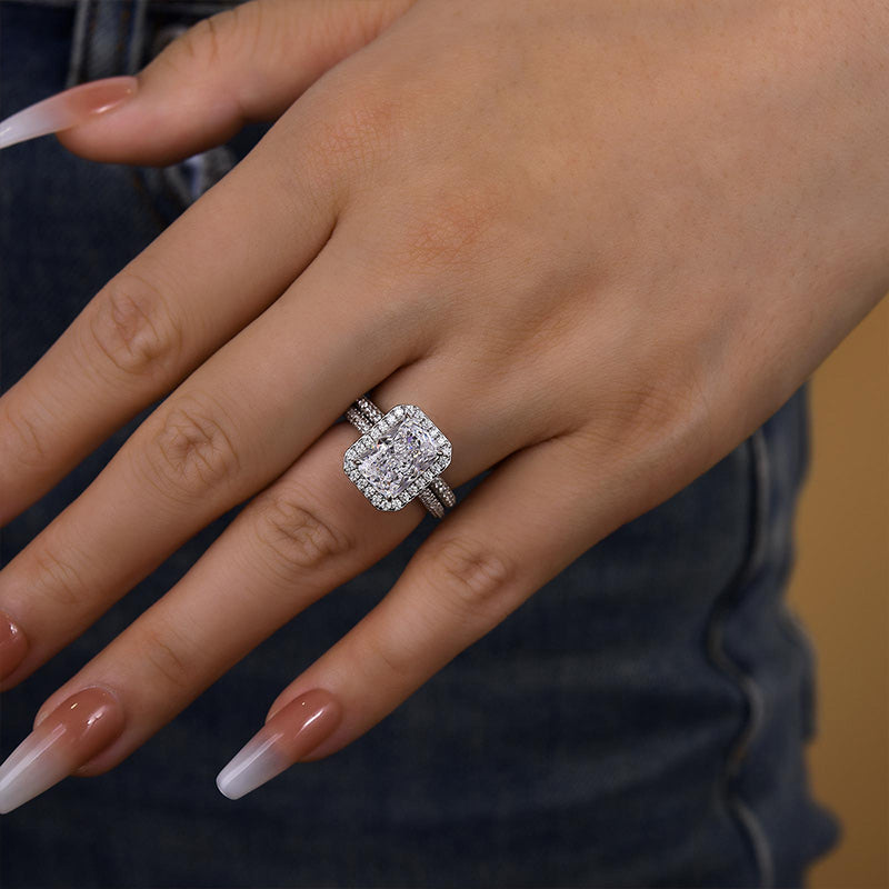 Noble Halo Radiant Cut Ring Set-Sterling Silver-lornajewelry