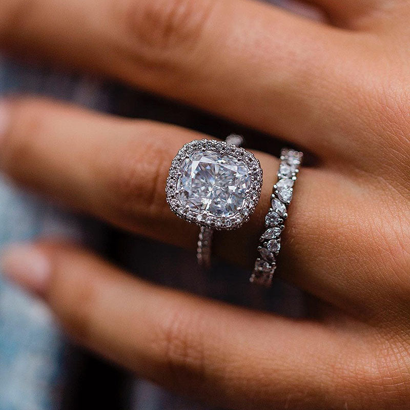 Glamorous Halo Cushion Cut Wedding Set-Sterling Silver-lornajewelry