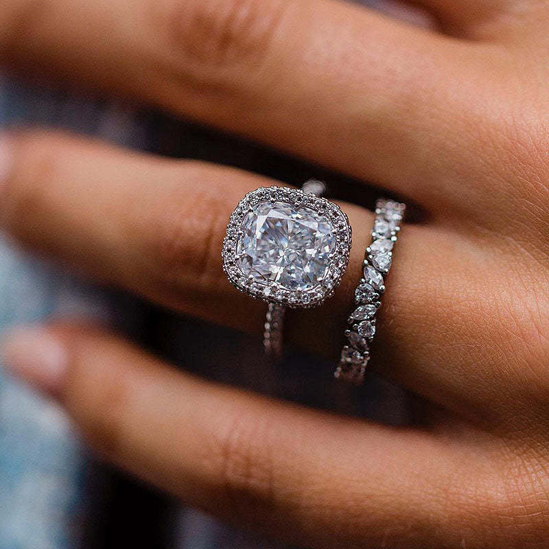 Glamorous Halo Cushion Cut Wedding Set-Sterling Silver-lornajewelry