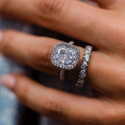 Glamorous Halo Cushion Cut Wedding Set-Sterling Silver-lornajewelry