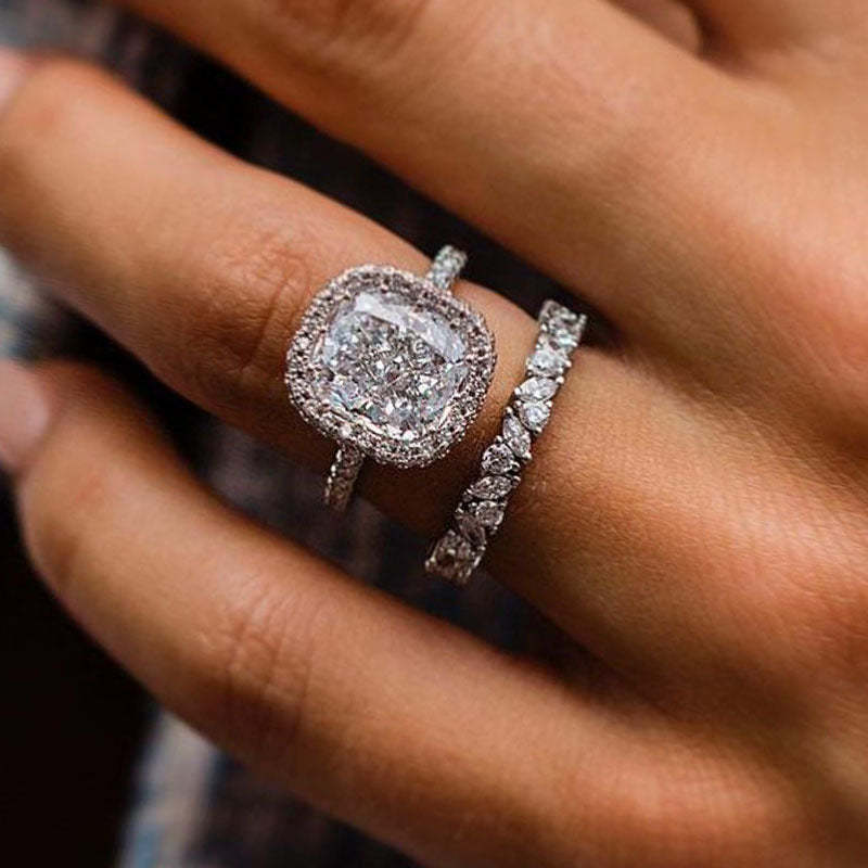 Glamorous Halo Cushion Cut Wedding Set-Sterling Silver-lornajewelry