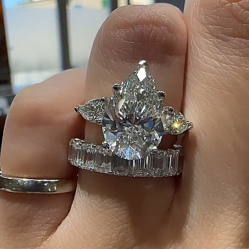 Luxury Pear Cut Three Stone Wedding Ring Set-Sterling Silver-lornajewelry