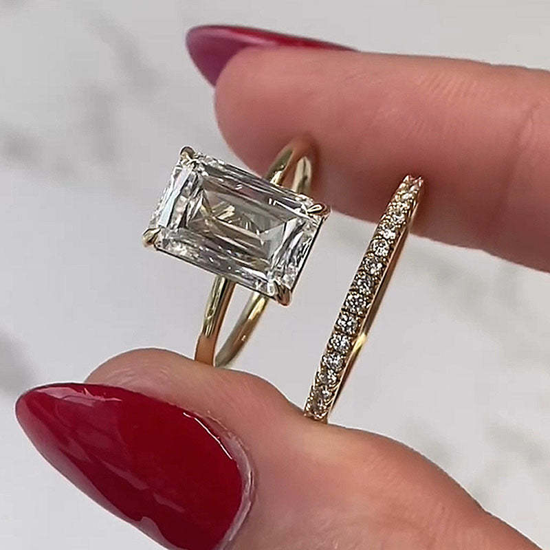 Dainty Emerald Cut Wedding Ring Set-Sterling Silver-lornajewelry