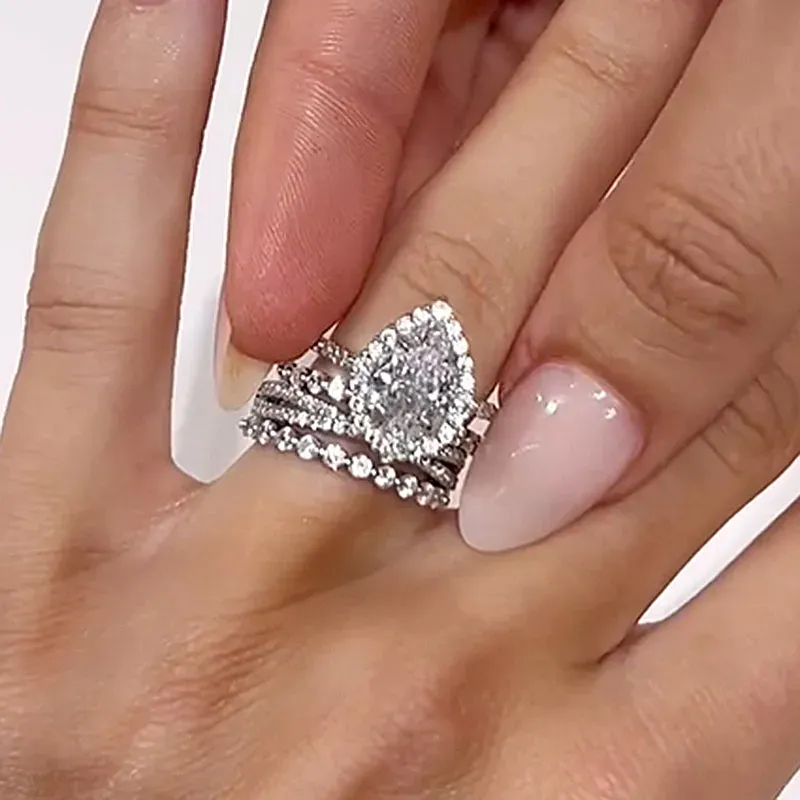 Gorgeous Halo Pear Cut 4PC Ring Set-Sterling Silver-lornajewelry