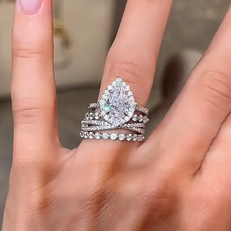 Gorgeous Halo Pear Cut 4PC Ring Set-Sterling Silver-lornajewelry