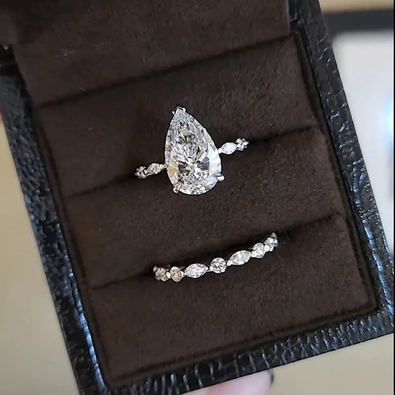 Vintage Pear Cut Wedding Ring Set-Sterling Silver-lornajewelry
