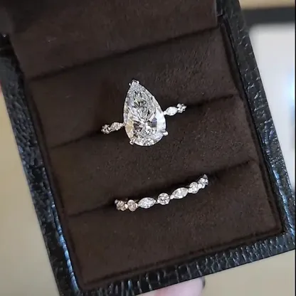 Vintage Pear Cut Wedding Ring Set-Sterling Silver-lornajewelry