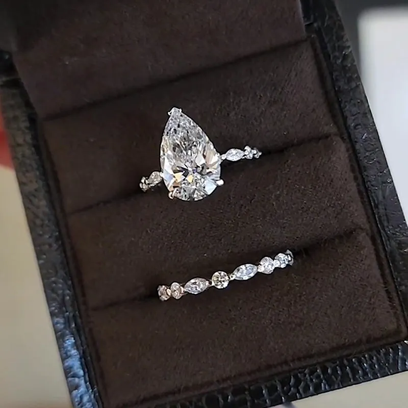 Vintage Pear Cut Wedding Ring Set-Sterling Silver-lornajewelry