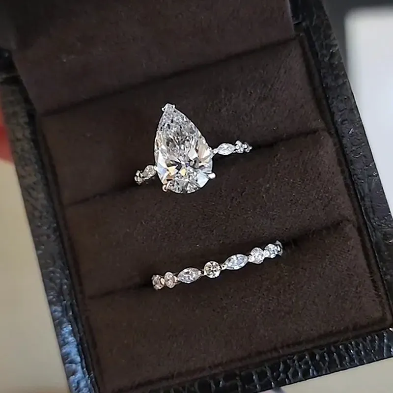 Vintage Pear Cut Wedding Ring Set-Sterling Silver-lornajewelry