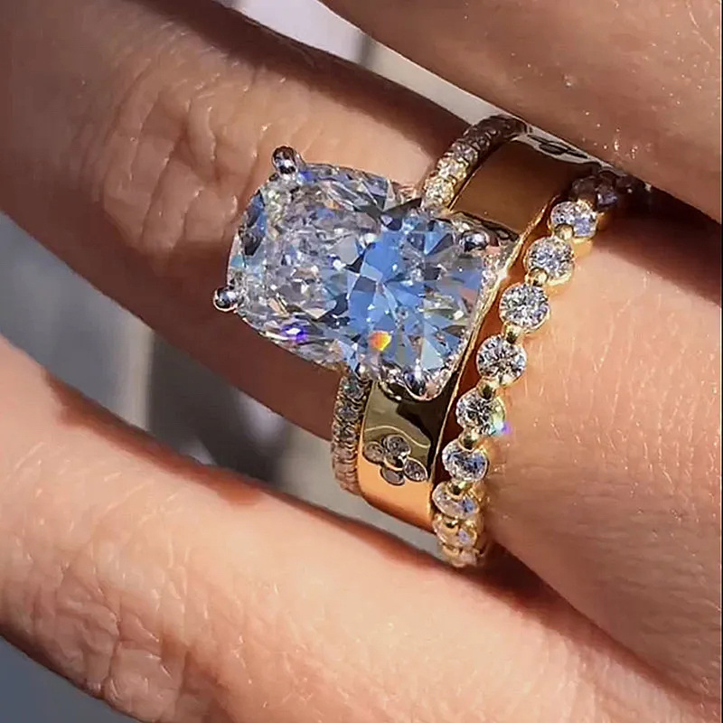 Crushed Ice Cushion Cut 3PC Wedding Ring Set-Sterling Silver-lornajewelry