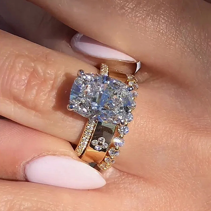 Crushed Ice Cushion Cut 3PC Wedding Ring Set-Sterling Silver-lornajewelry