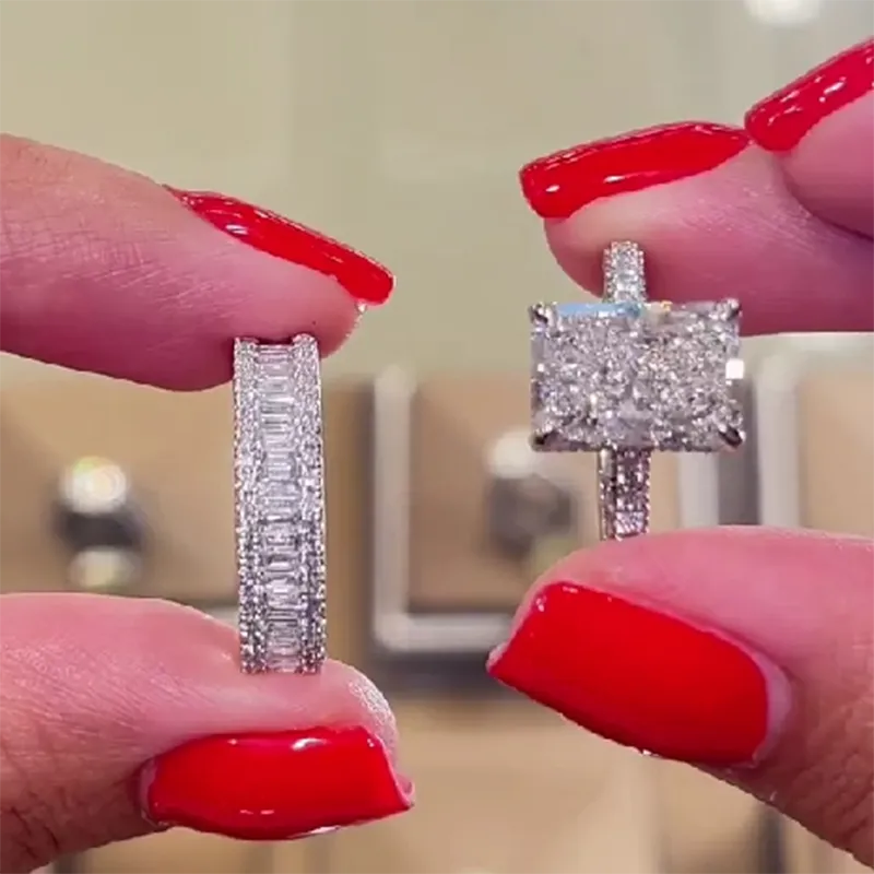 Elongated Radiant Cut Wedding Set-Sterling Silver-lornajewelry