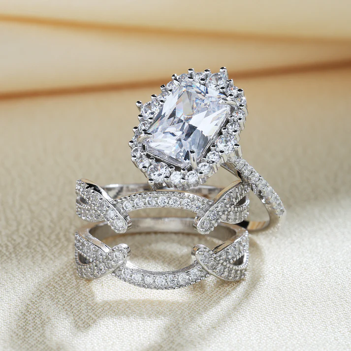 4Ct Vintage Halo Radiant Cut Wedding Ring Set In Sterling Silver