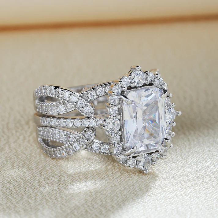 4Ct Vintage Halo Radiant Cut Wedding Ring Set In Sterling Silver