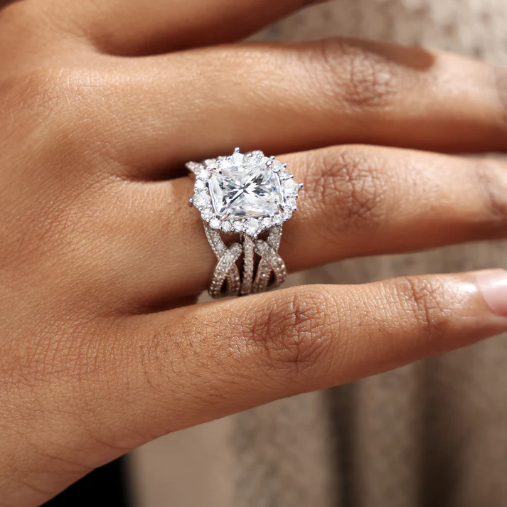 4Ct Vintage Halo Radiant Cut Wedding Ring Set In Sterling Silver