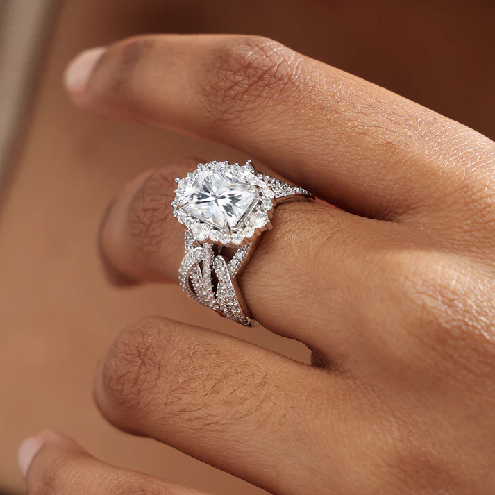 4Ct Vintage Halo Radiant Cut Wedding Ring Set In Sterling Silver