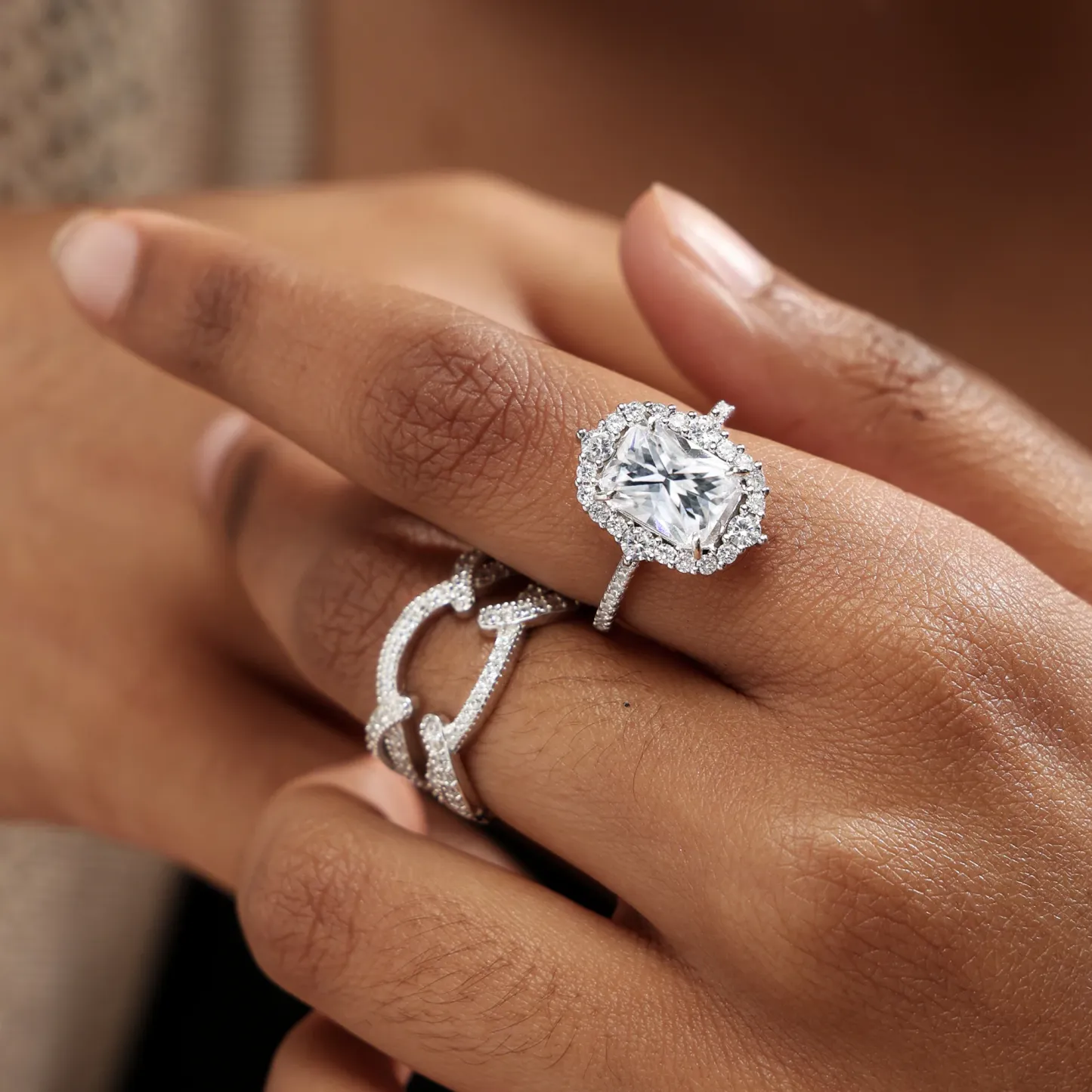 4Ct Vintage Halo Radiant Cut Wedding Ring Set In Sterling Silver