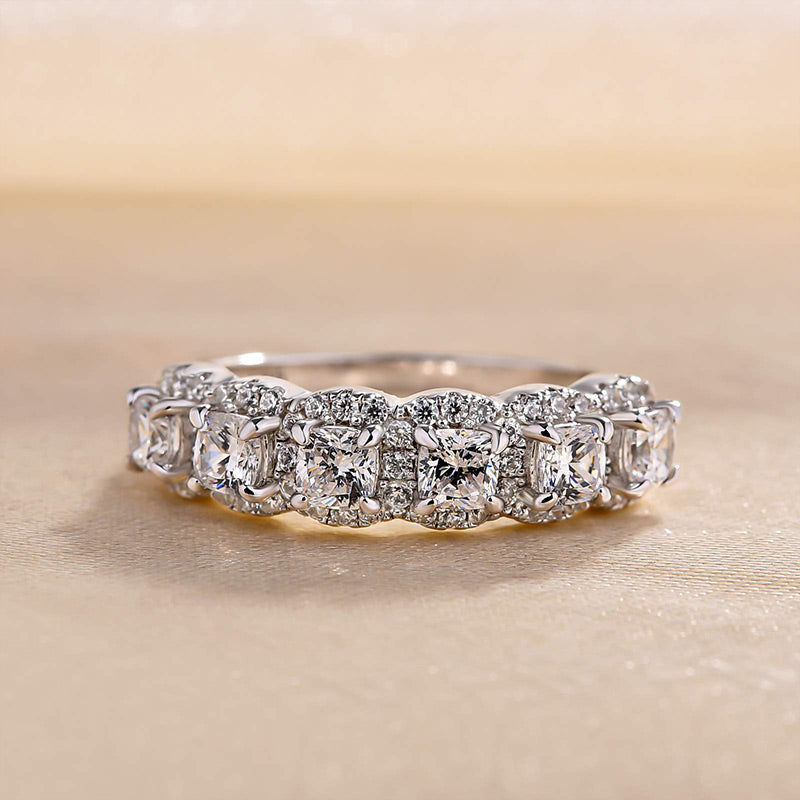 Unique Gifts Halo Six Cushion Cut Simulated Diamond Women's Wedding Band Ring-Sterling Silver-lornajewelry