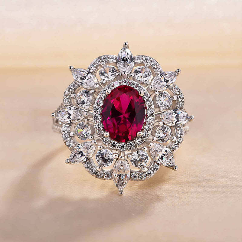 1Ct Exclusive Flower Shape Oval Cut Ruby Engagement Ring In White Gold-Sterling Silver-lornajewelry