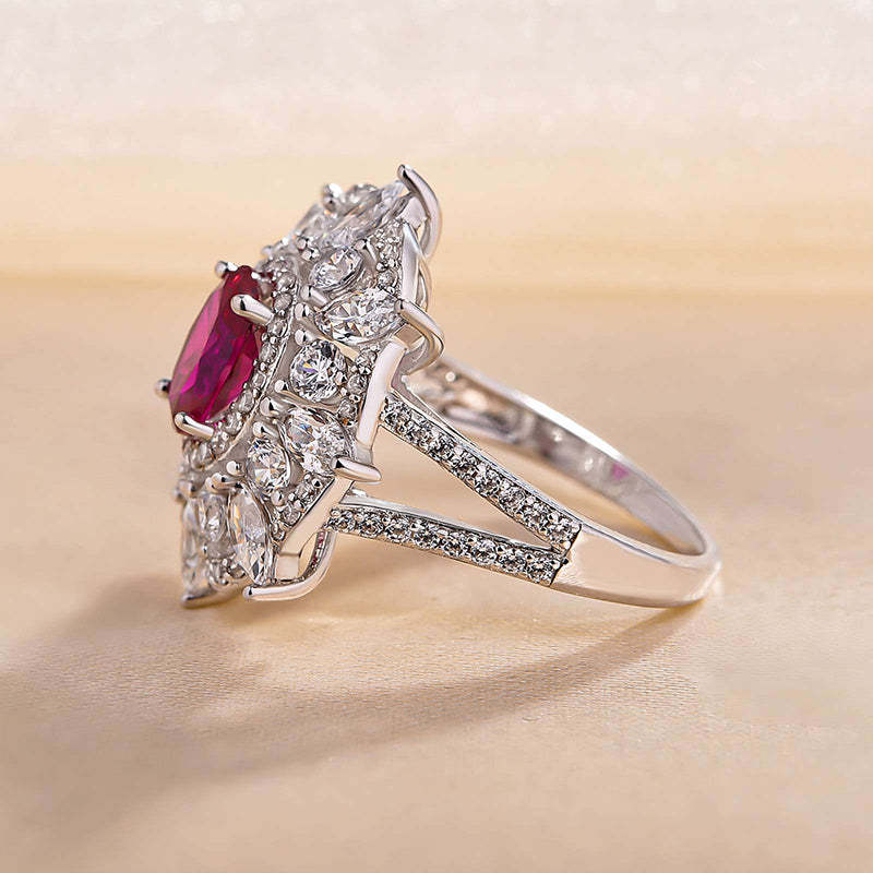 1Ct Exclusive Flower Shape Oval Cut Ruby Engagement Ring In White Gold-Sterling Silver-lornajewelry