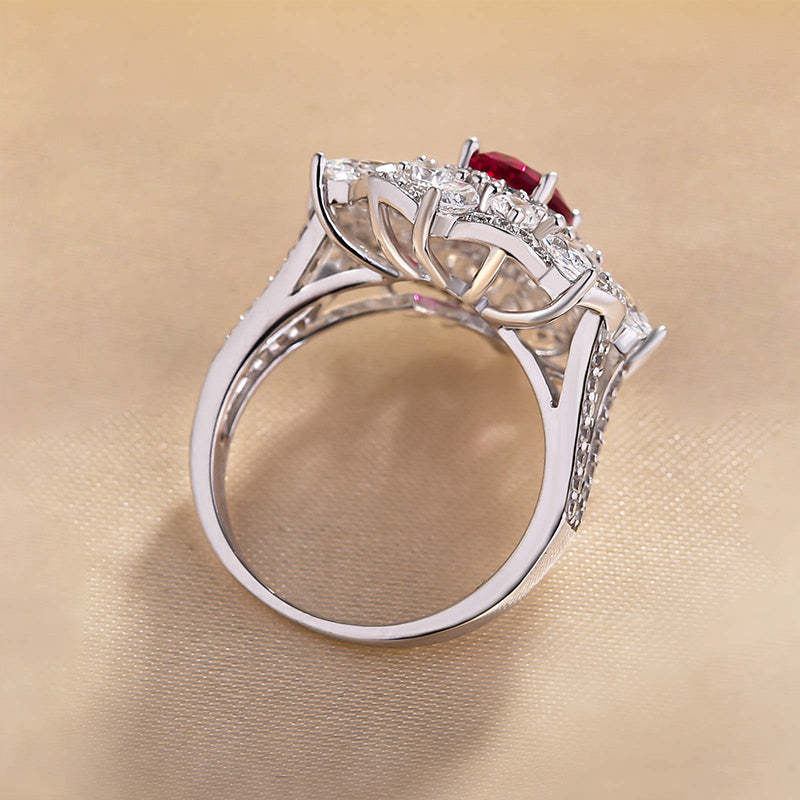 1Ct Exclusive Flower Shape Oval Cut Ruby Engagement Ring In White Gold-Sterling Silver-lornajewelry
