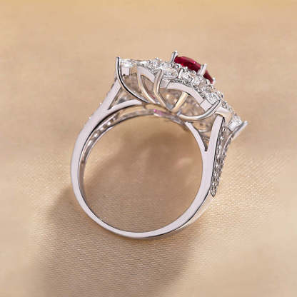 1Ct Exclusive Flower Shape Oval Cut Ruby Engagement Ring In White Gold-Sterling Silver-lornajewelry