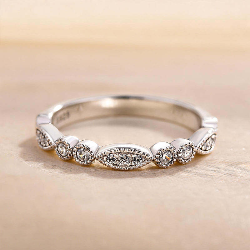 Art Deco White Gold Full Eternity Thin Wedding Band For Women-Sterling Silver-lornajewelry