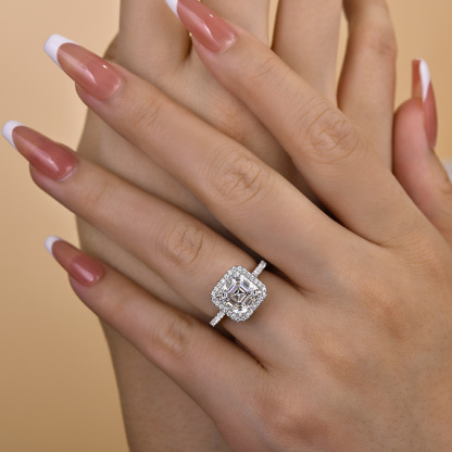 3Ct Lovely Halo Asscher Cut Engagement Ring-Sterling Silver-lornajewelry