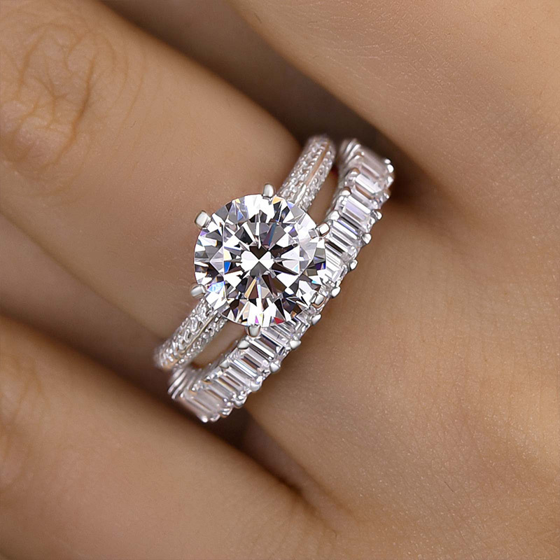 Excellent 6 Prongs Round Cut Wedding Set-Sterling Silver-lornajewelry