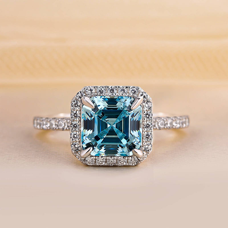 3Ct Exclusive Halo Asscher Cut Light Aquamarine Blue Engagement Ring In Sterling Silver-Sterling Silver-lornajewelry