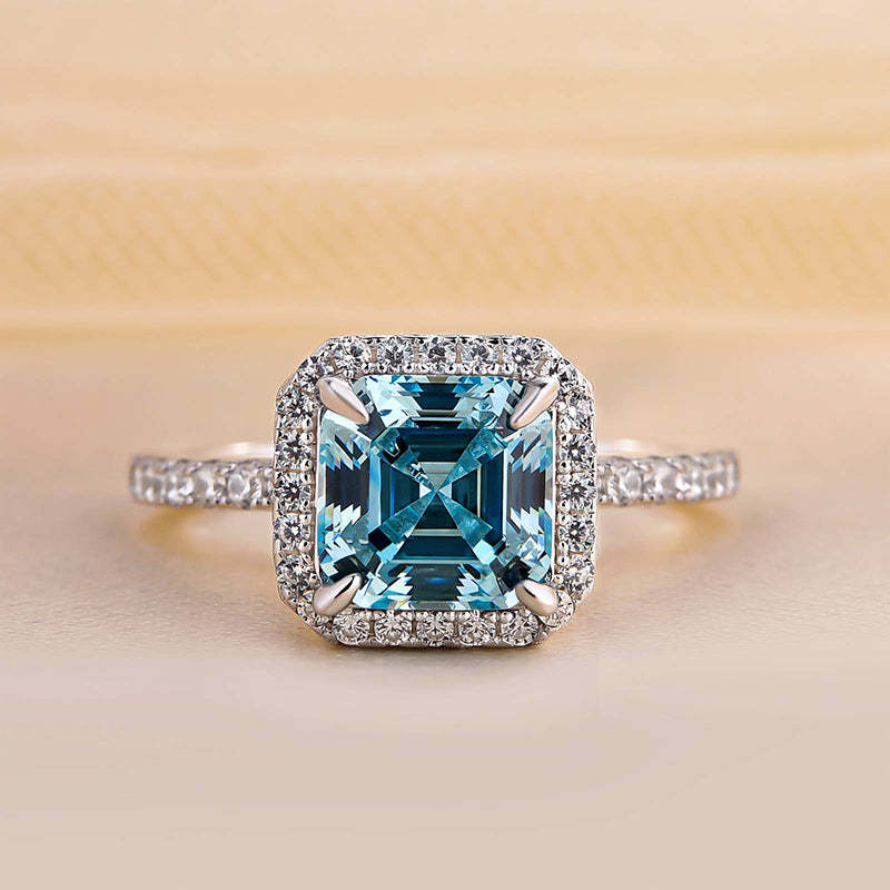 3Ct Exclusive Halo Asscher Cut Light Aquamarine Blue Engagement Ring In Sterling Silver-Sterling Silver-lornajewelry