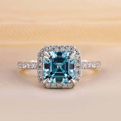 3Ct Exclusive Halo Asscher Cut Light Aquamarine Blue Engagement Ring In Sterling Silver-Sterling Silver-lornajewelry