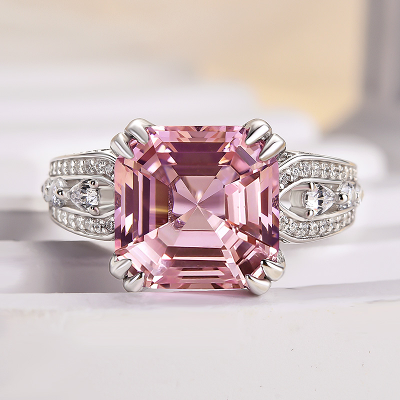 5Ct Gorgeous Asscher Cut Morganite Pink Engagement Ring-Sterling Silver-lornajewelry