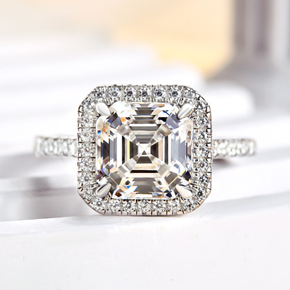 3Ct Lovely Halo Asscher Cut Engagement Ring-Sterling Silver-lornajewelry