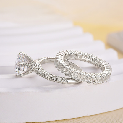 Excellent 6 Prongs Round Cut Wedding Set-Sterling Silver-lornajewelry