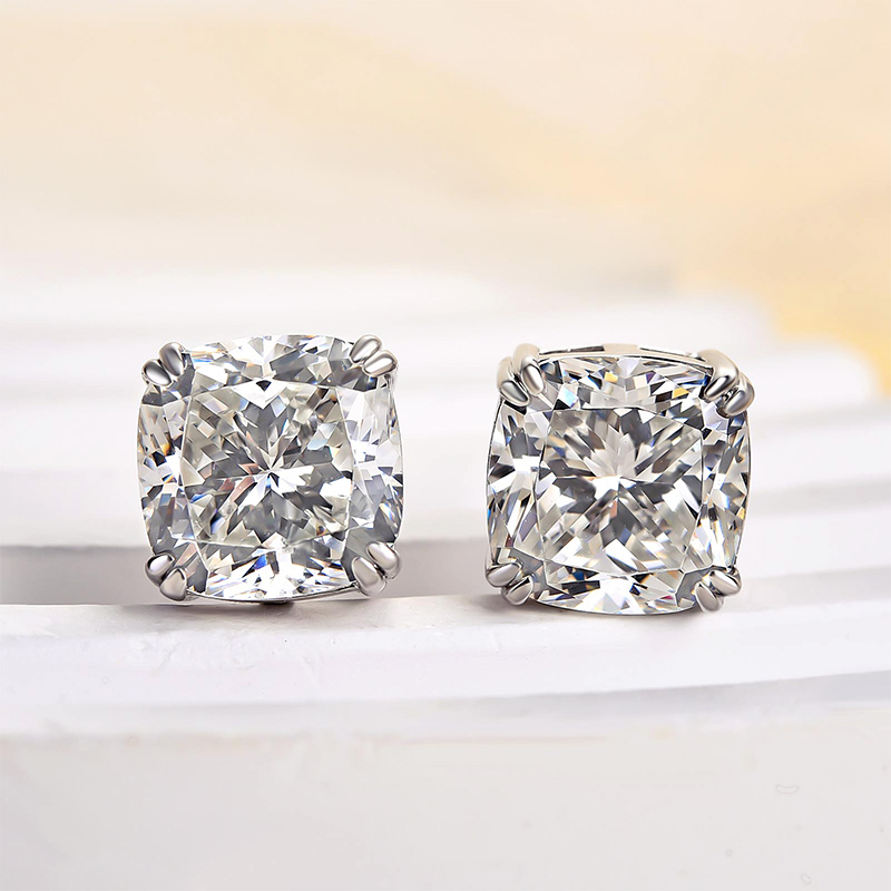 Glittering Crushed Ice Cushion Cut Stud Earrings For Women-Sterling Silver-lornajewelry