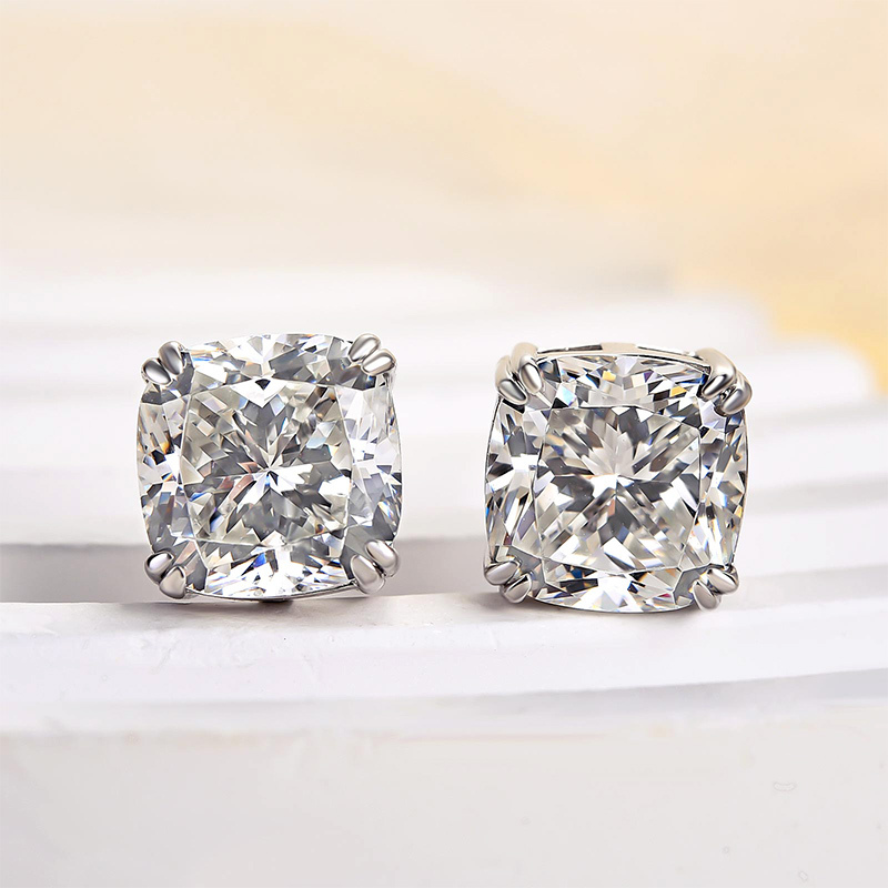 Glittering Crushed Ice Cushion Cut Stud Earrings For Women-Sterling Silver-lornajewelry