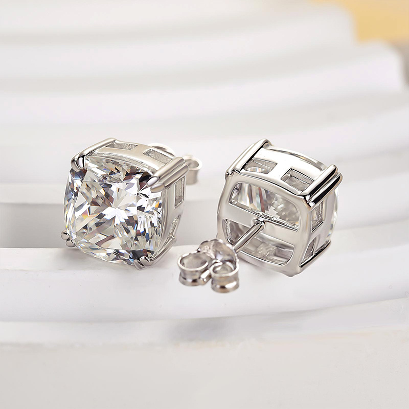 Glittering Crushed Ice Cushion Cut Stud Earrings For Women-Sterling Silver-lornajewelry