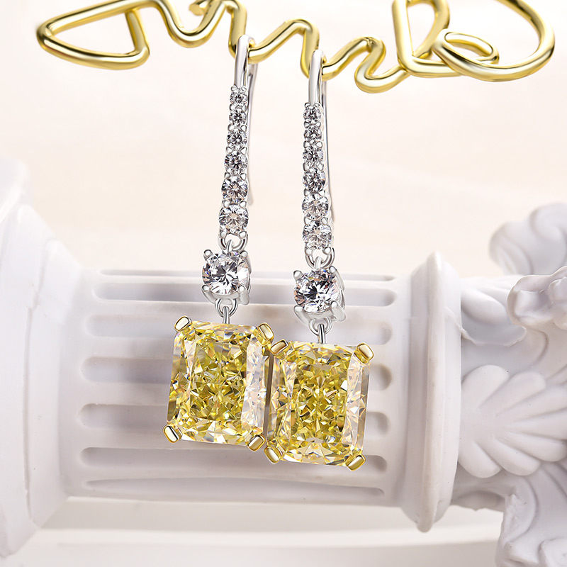 Sterling Silver Luxury Radiant Cut  Yellow Sapphire Drop Earrings For Women-Sterling Silver-lornajewelry
