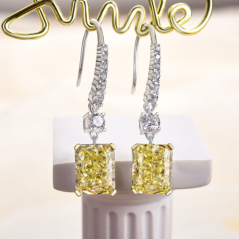 Sterling Silver Luxury Radiant Cut  Yellow Sapphire Drop Earrings For Women-Sterling Silver-lornajewelry