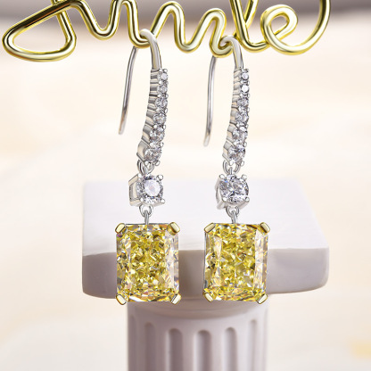 Sterling Silver Luxury Radiant Cut  Yellow Sapphire Drop Earrings For Women-Sterling Silver-lornajewelry