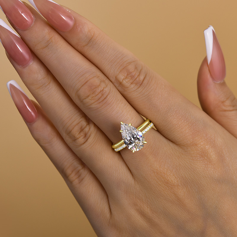 Lovely Yellow Gold Pear Cut Wedding Ring Set In Sterling Silver-Sterling Silver-lornajewelry