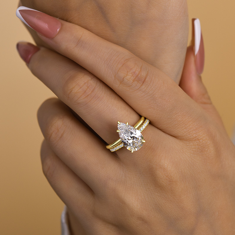 Lovely Yellow Gold Pear Cut Wedding Ring Set In Sterling Silver-Sterling Silver-lornajewelry