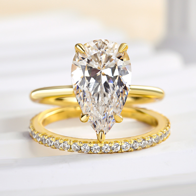 Lovely Yellow Gold Pear Cut Wedding Ring Set In Sterling Silver-Sterling Silver-lornajewelry