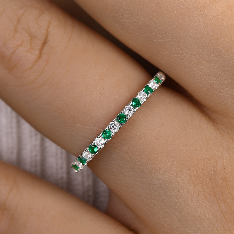 Stunning Half Eternity Emerald Green And White Stone Wedding Band-Sterling Silver-lornajewelry