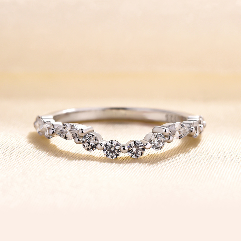 Unique Half Round & Marquise Cut Wedding Band In Sterling Silver-Sterling Silver-lornajewelry